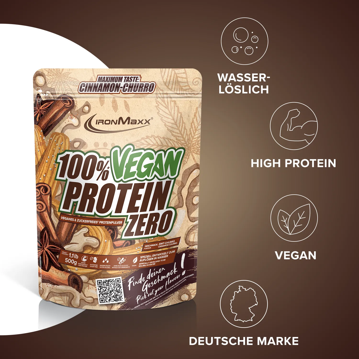 Iron Maxx 100% Vegan Protein Zero Proteinpulver Cinnamon Churro 500 g zuckerfrei