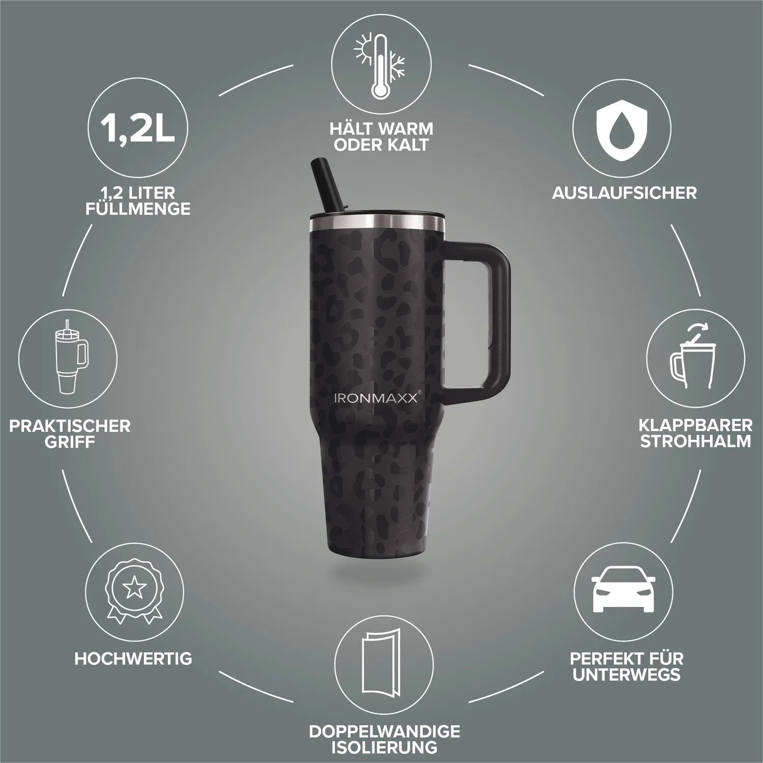 IronMaxx Cup V4.0 Trinkbecher 1200ml Leo-Style Black isoliert