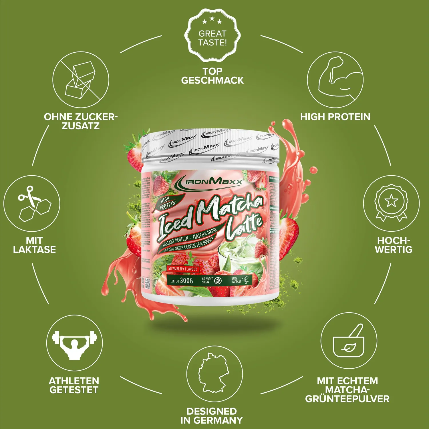 Iron Maxx Iced Matcha Latte Strawberry Matcha 300g proteinreich