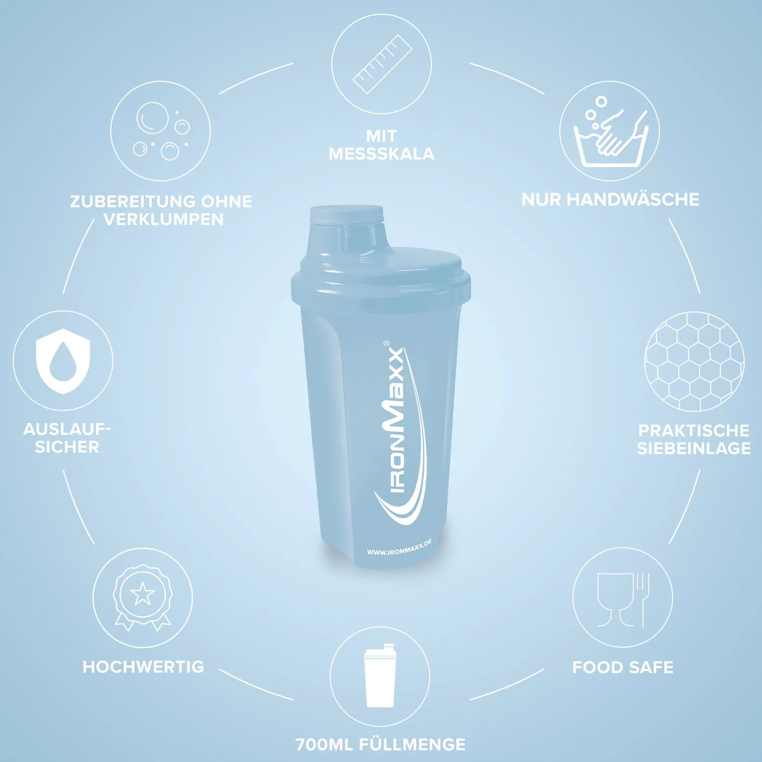 Iron Maxx Shaker 700 ml Columbia Blue Protein Shaker auslaufsicher