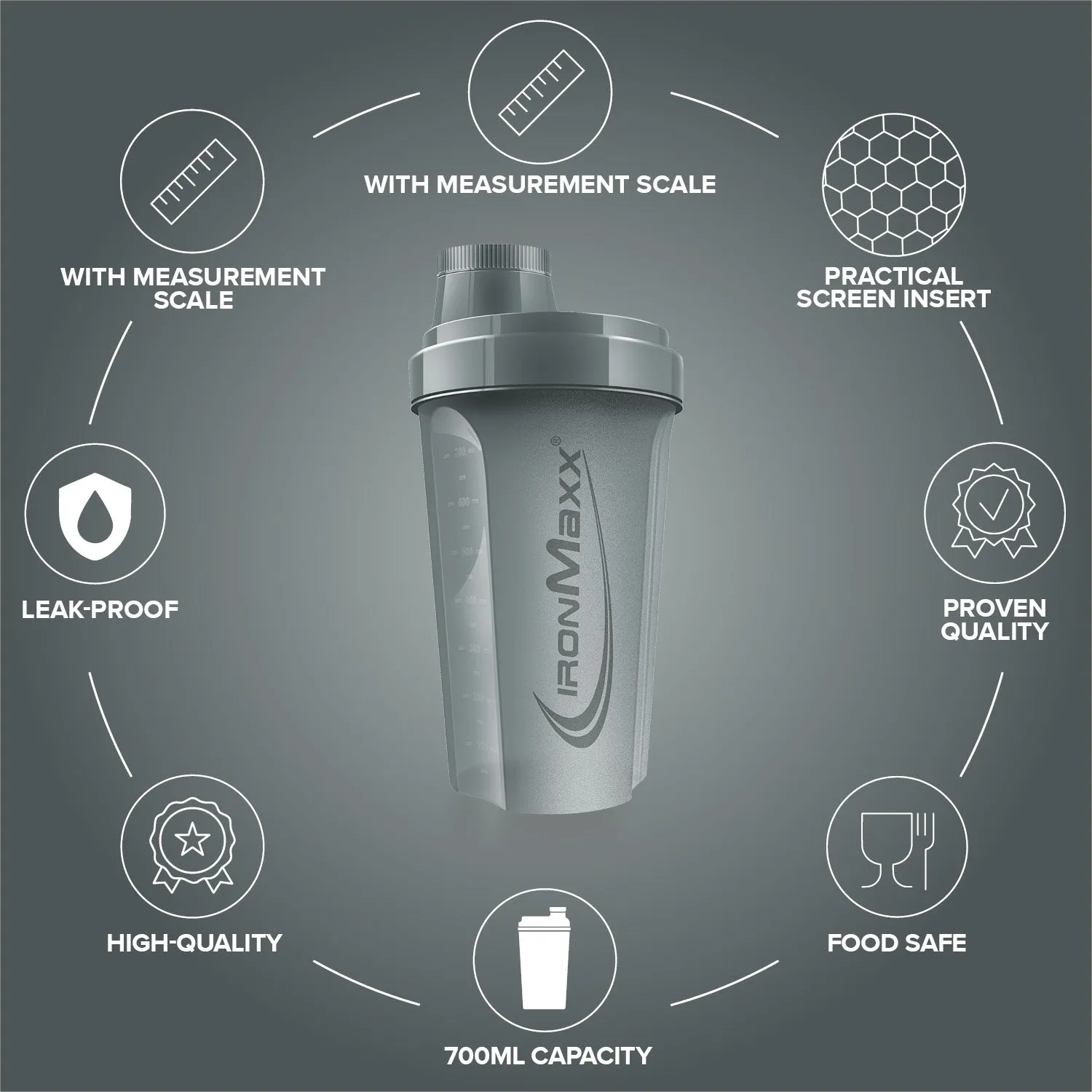 Iron Maxx Shaker 700ml Proteinshaker Ash Grey BPA-frei
