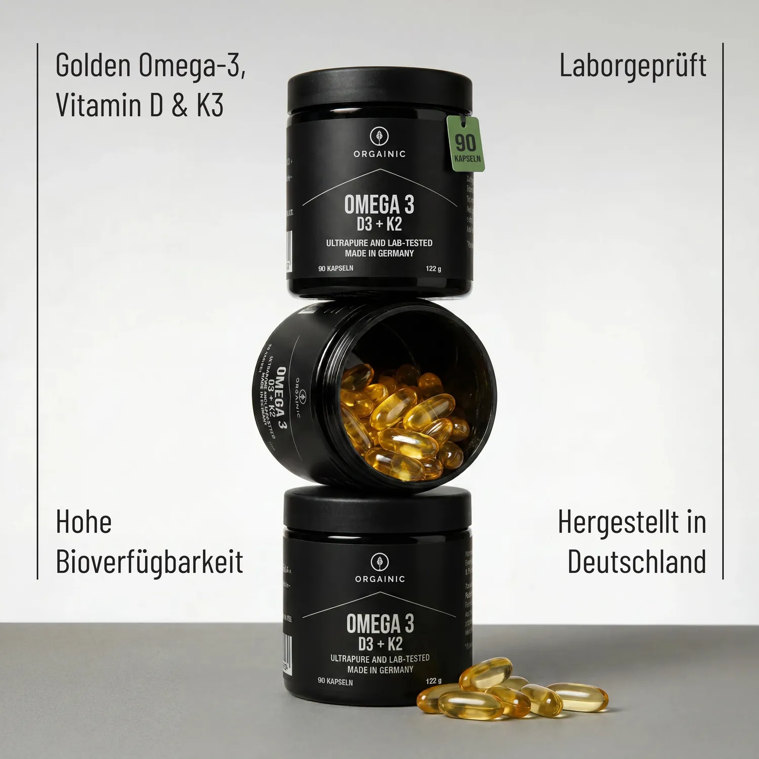 ORGAINIC Omega 3 + D3 K2 Fischöl Kapseln 90 Stück laborgeprüft