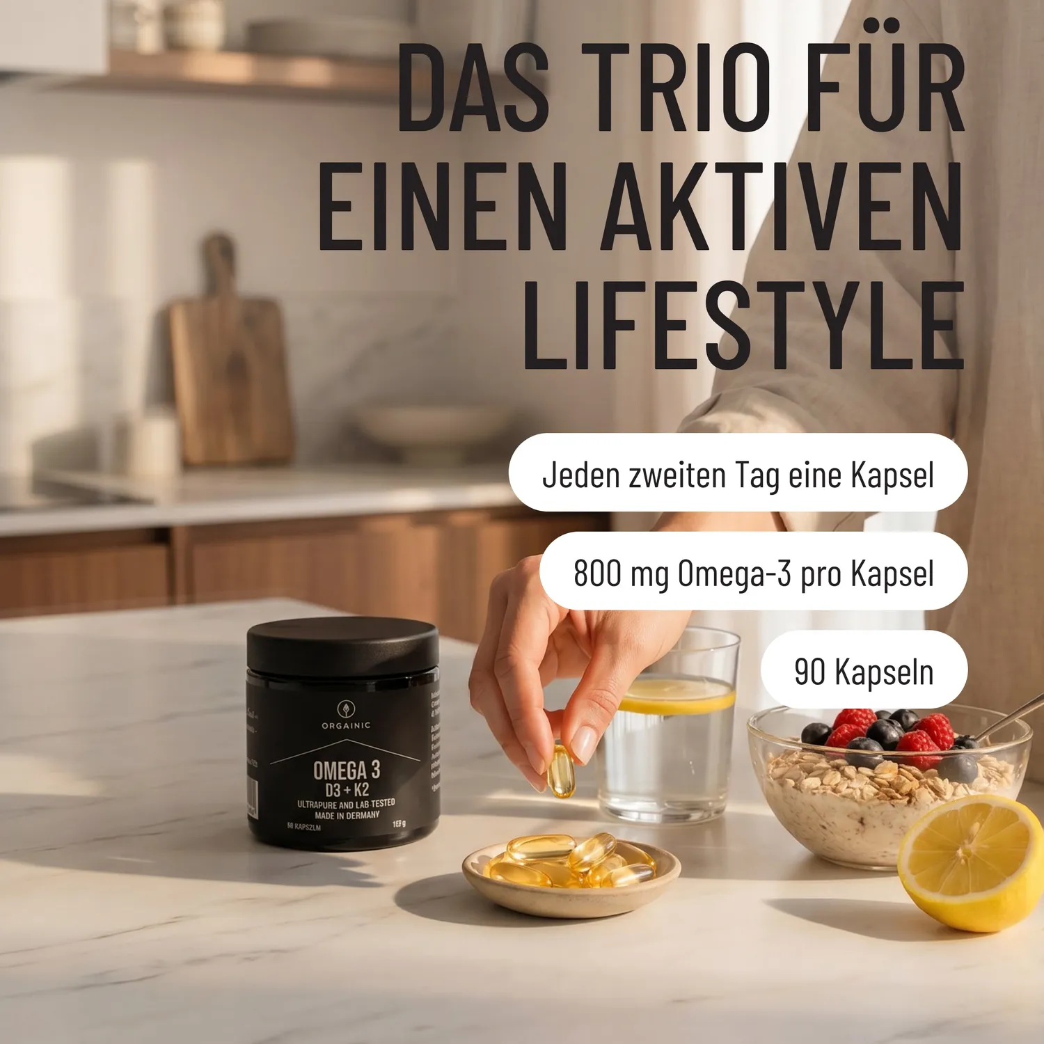 ORGAINIC Omega 3 + D3 K2 Fischöl Kapseln 90 Stück laborgeprüft