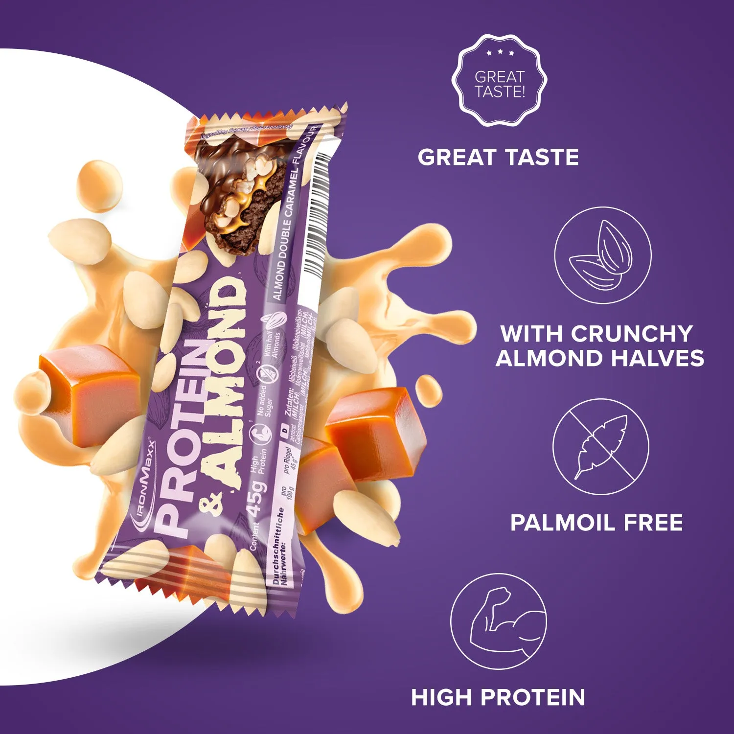 IronMaxx Protein & Almond Almond Double Caramel Proteinriegel 45 g ohne Zuckerzusatz
