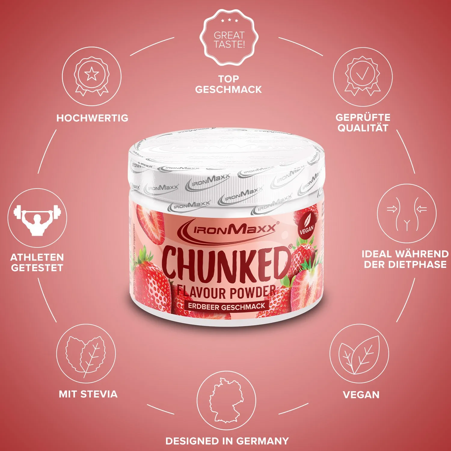 Iron Maxx Chunked Strawberry Geschmackspulver 150g vegan