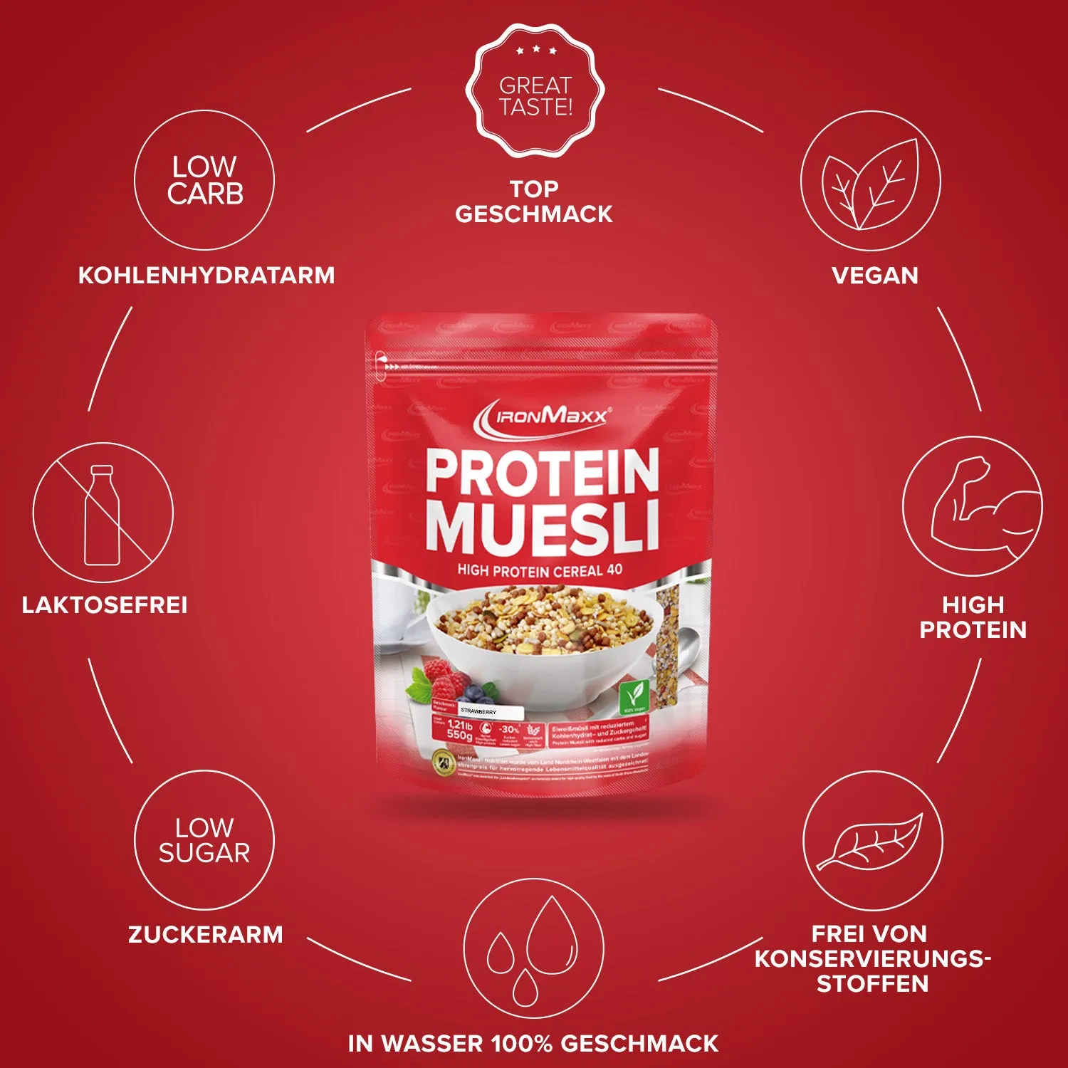 Iron Maxx Protein Müsli 550 g Erdbeere vegan proteinreich