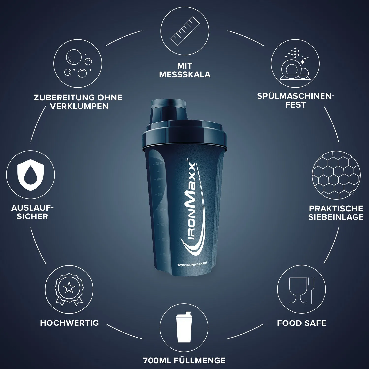 Iron Maxx Shaker 700ml Mistle Blue mit Sieb BPA-frei