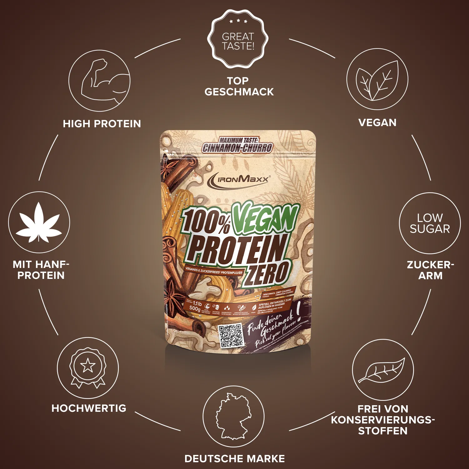 Iron Maxx 100% Vegan Protein Zero Proteinpulver Cinnamon Churro 500 g zuckerfrei