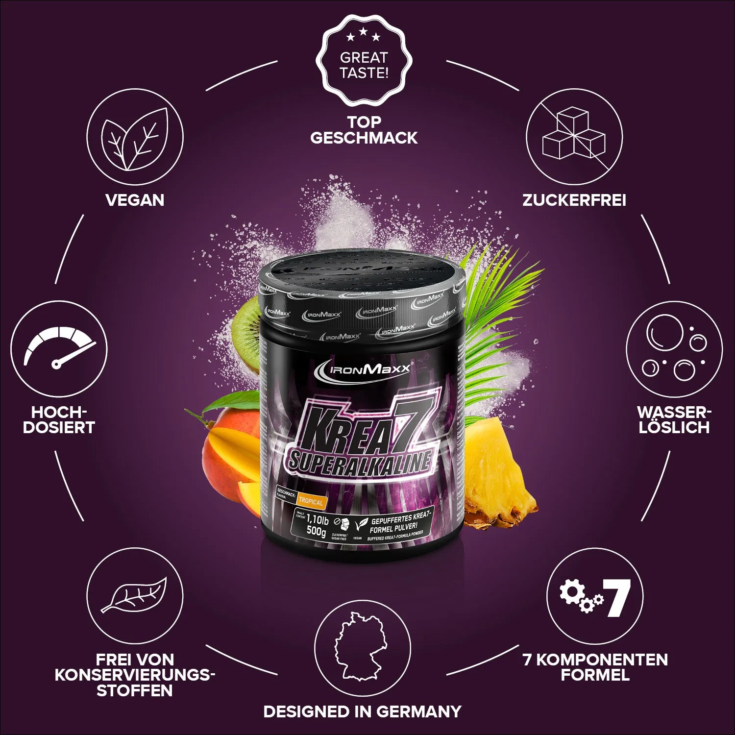 Iron Maxx Krea7 Superalkaline Powder Kreatinpulver Tropical 500 g vegan