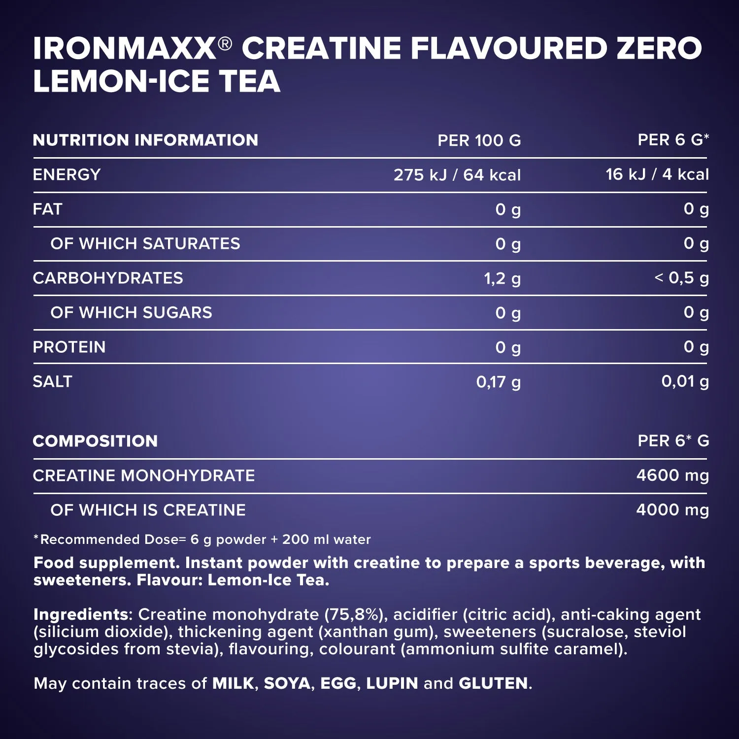 Iron Maxx Creatine Flavoured Zero 250g Lemon Ice Tea Kreatin