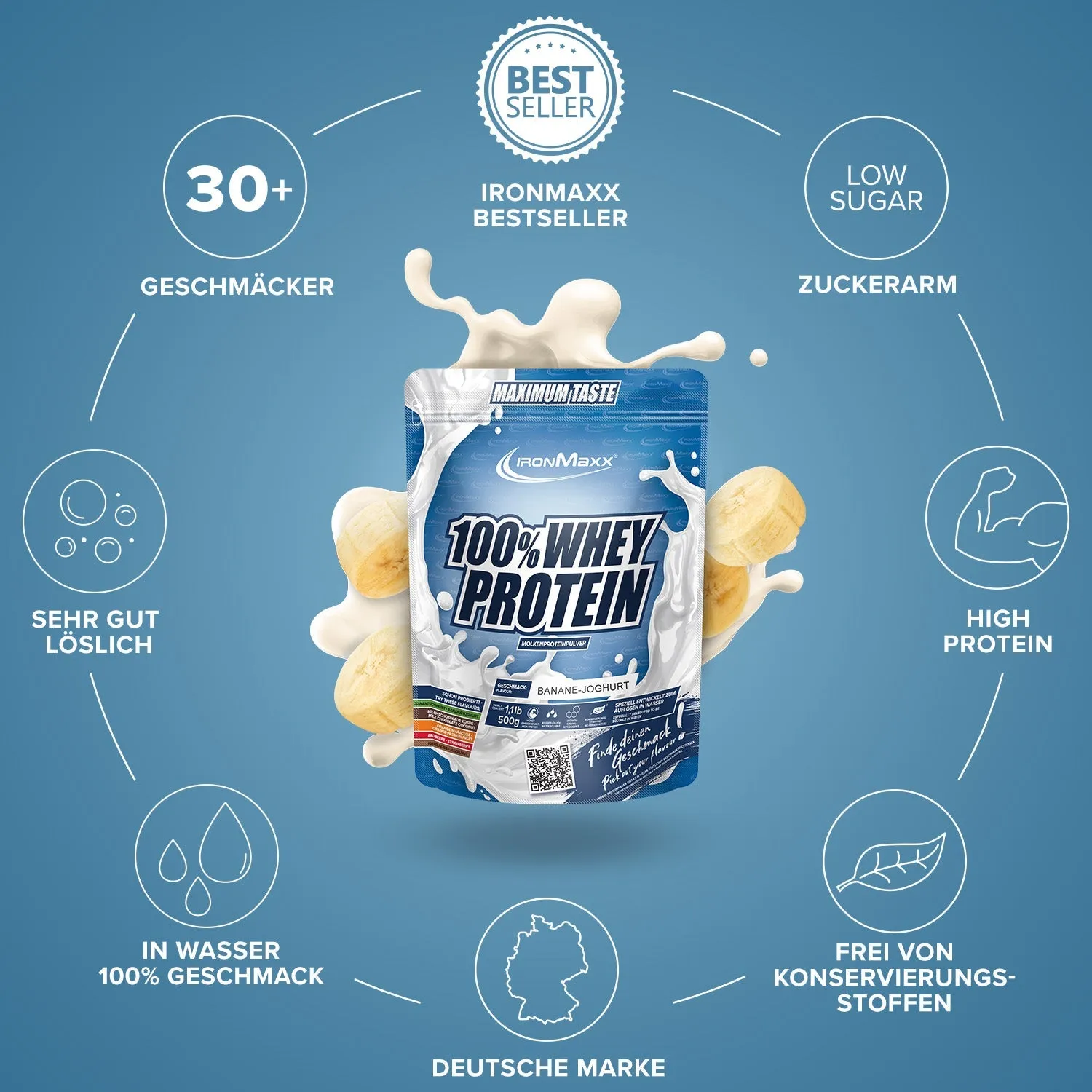 Iron Maxx 100% Whey Protein Proteinpulver 500 g Banane Yoghurt zuckerfrei