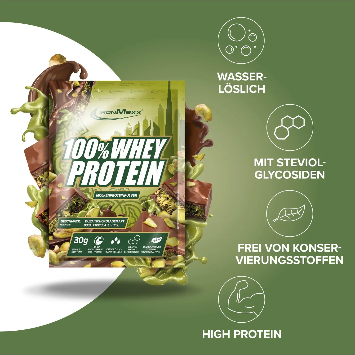 Iron Maxx 100% Whey Protein 30 g Dubai Chocolate Style Pulver