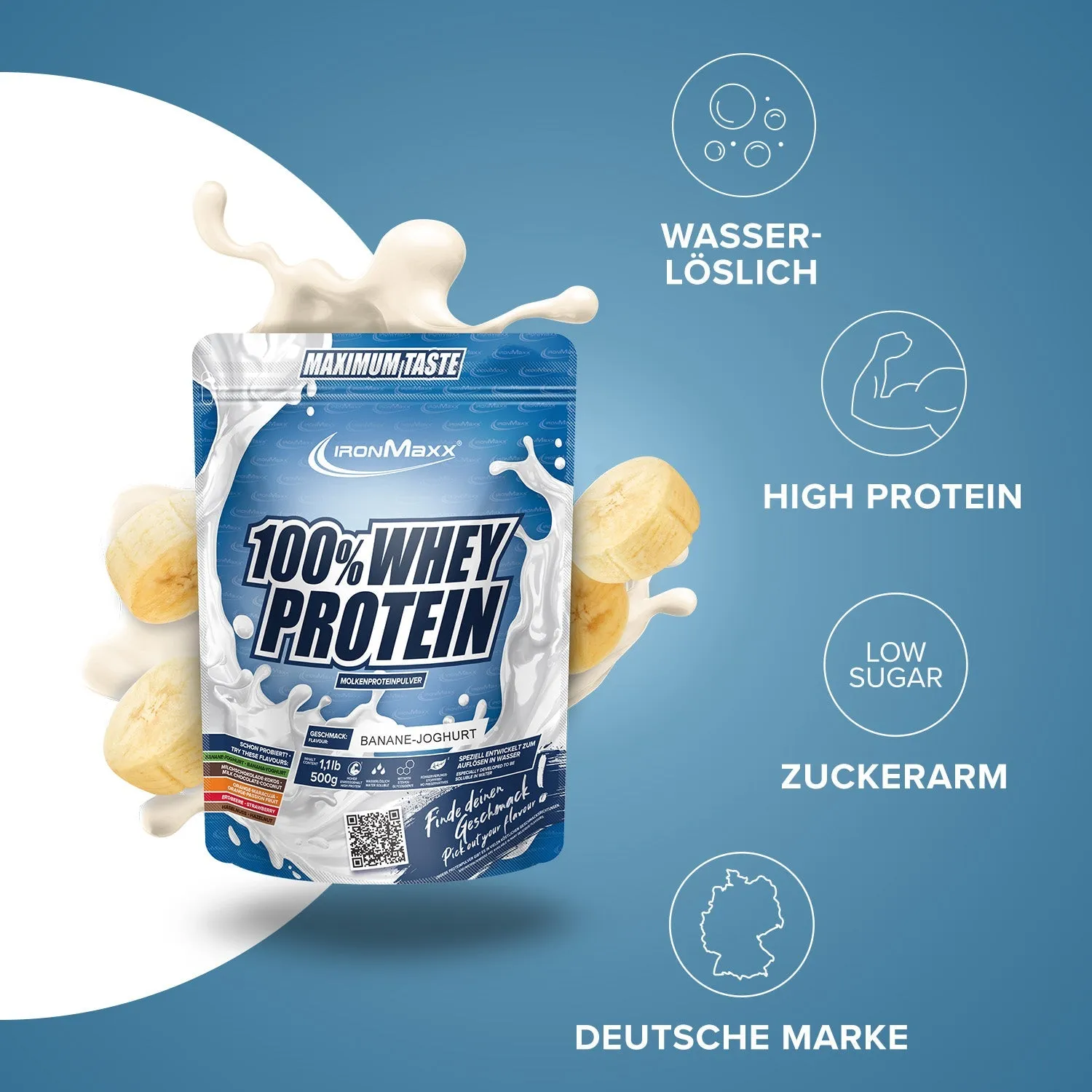 Iron Maxx 100% Whey Protein Proteinpulver 500 g Banane Yoghurt zuckerfrei