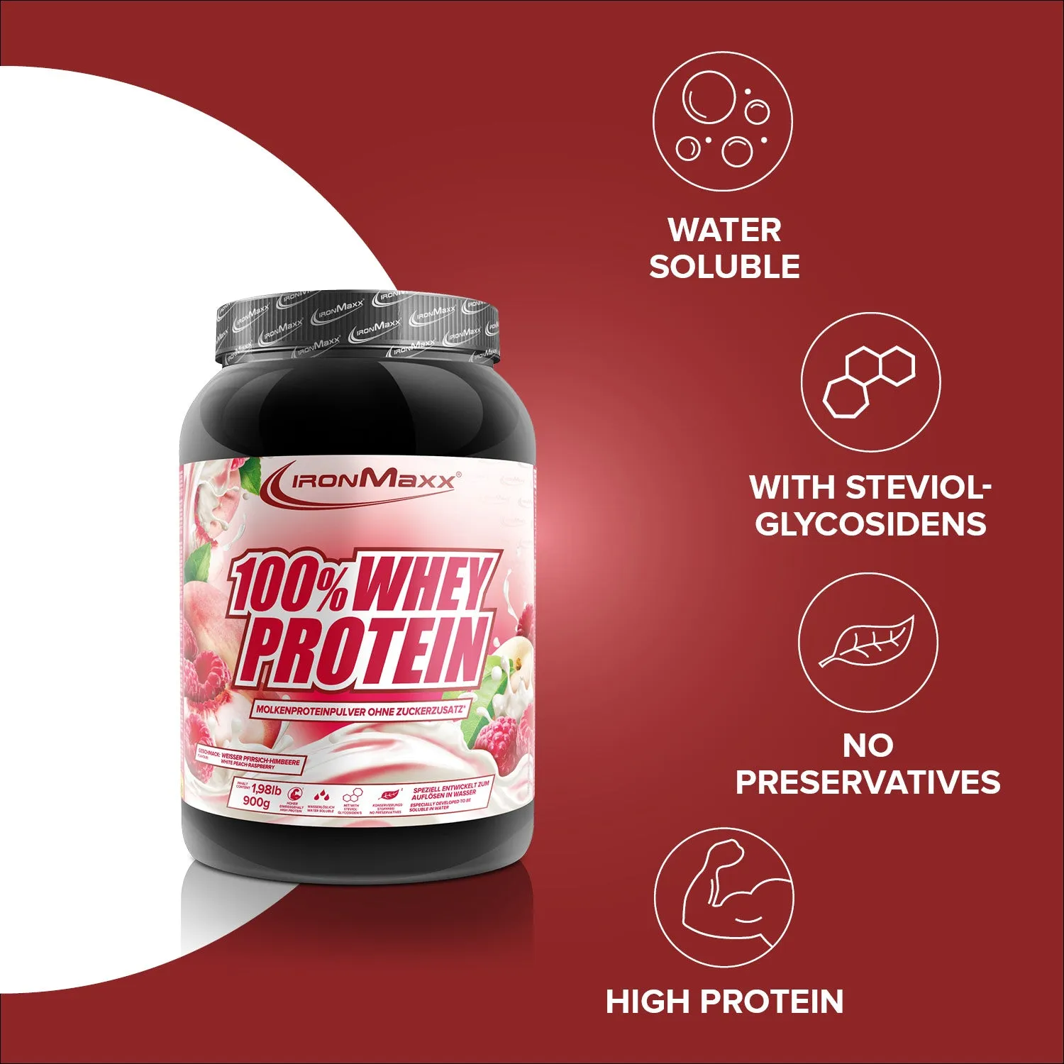 Iron Maxx 100% Whey Protein 900 g White Peach Raspberry zuckerfrei
