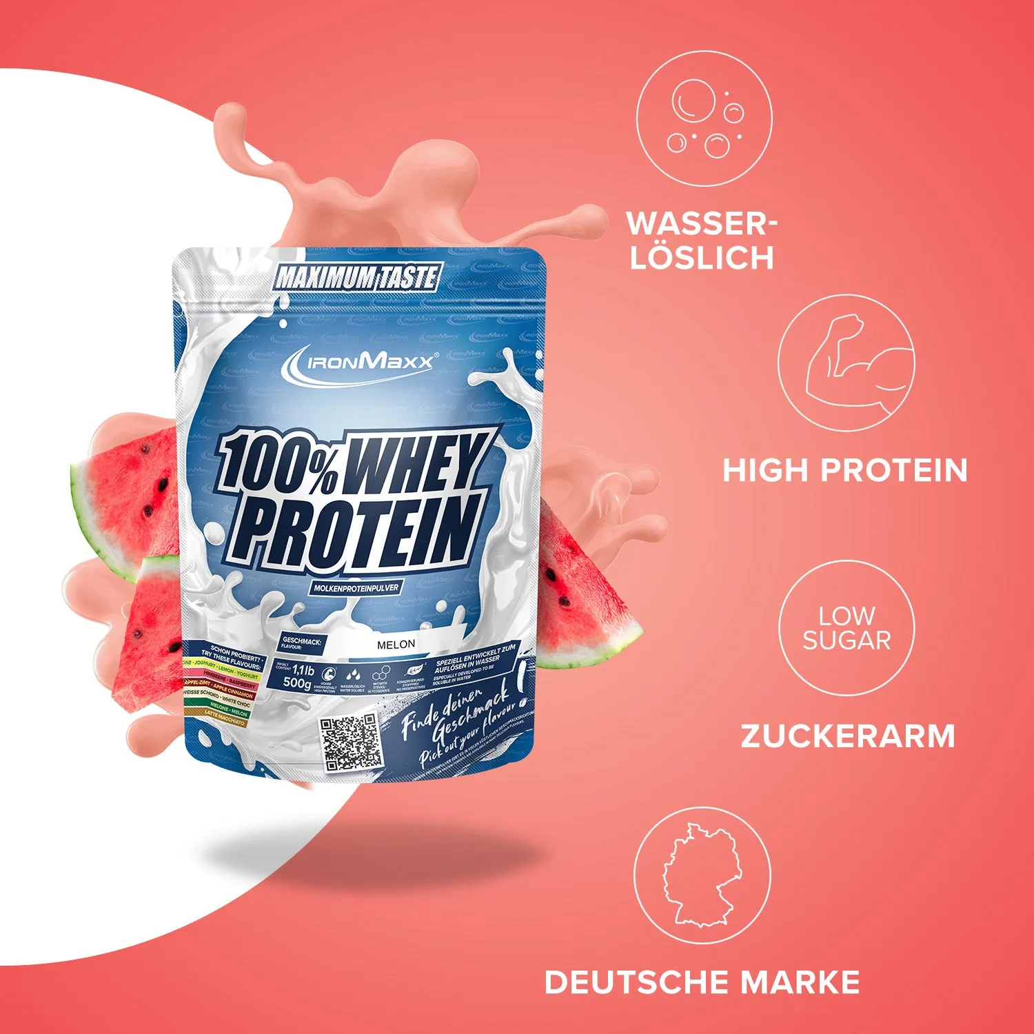 Iron Maxx 100% Whey Protein Pulver Melone 500g zuckerfrei
