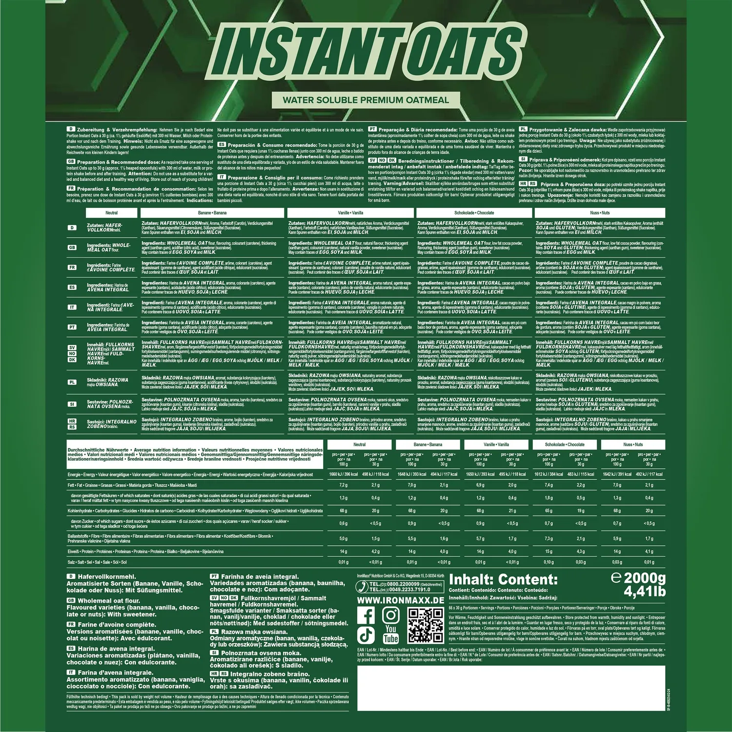 Iron Maxx Instant Oats 2000g Nuss Haferflocken Kohlenhydrate