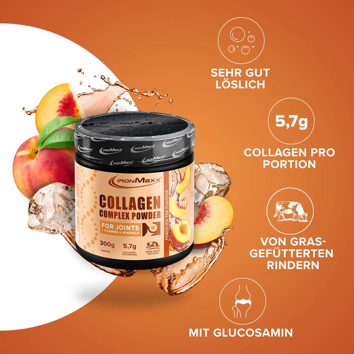 Iron Maxx Collagen Complex Powder Kollagenpulver Peach Ice Tea 300 g mit Vitamin C