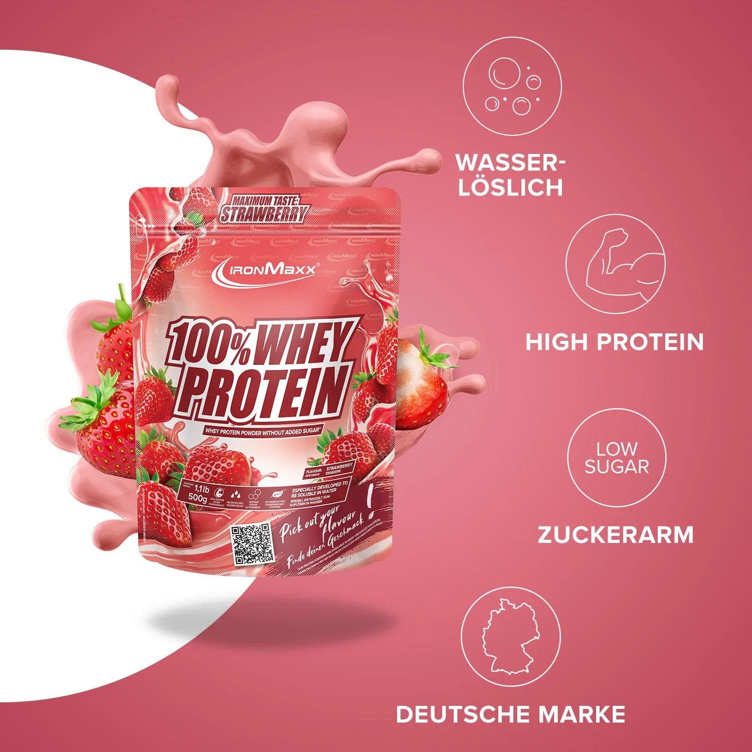 Iron Maxx 100% Whey Protein 500g - Erdbeere Whey-Proteinpulver zuckerfrei