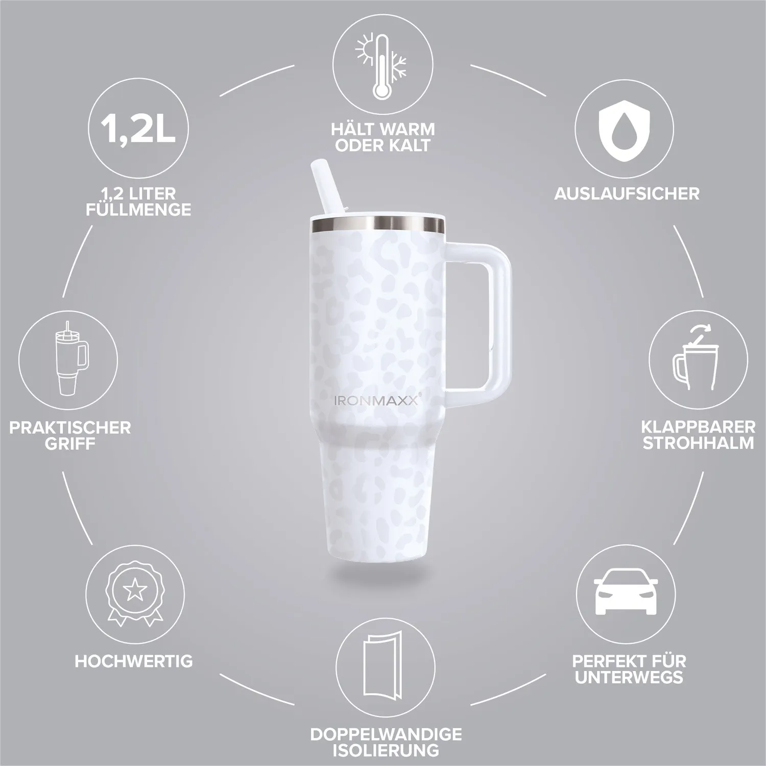 IronMaxx Cup V4.0 Trinkbecher 1200ml Leo-Style White isoliert