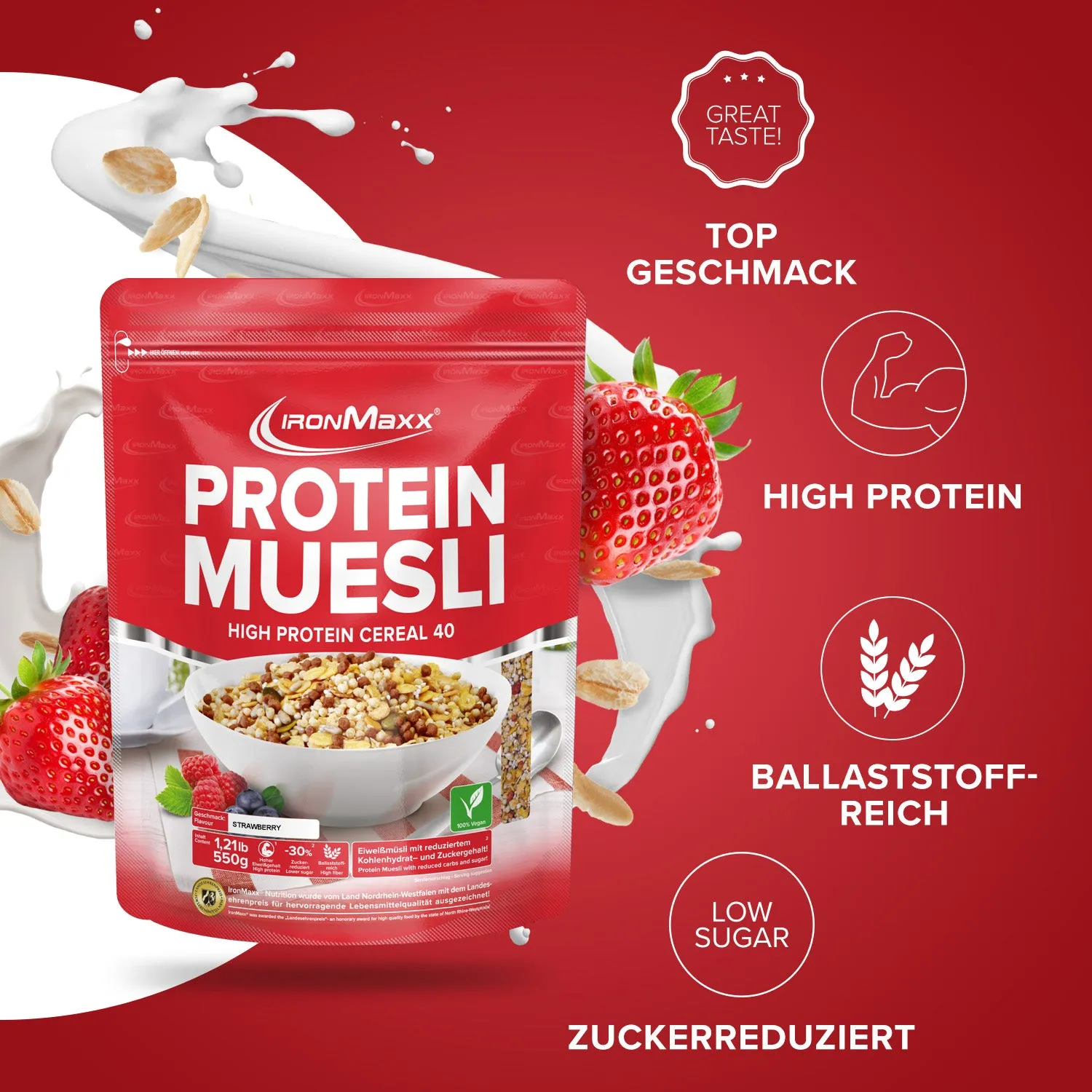 Iron Maxx Protein Müsli 550 g Erdbeere vegan proteinreich