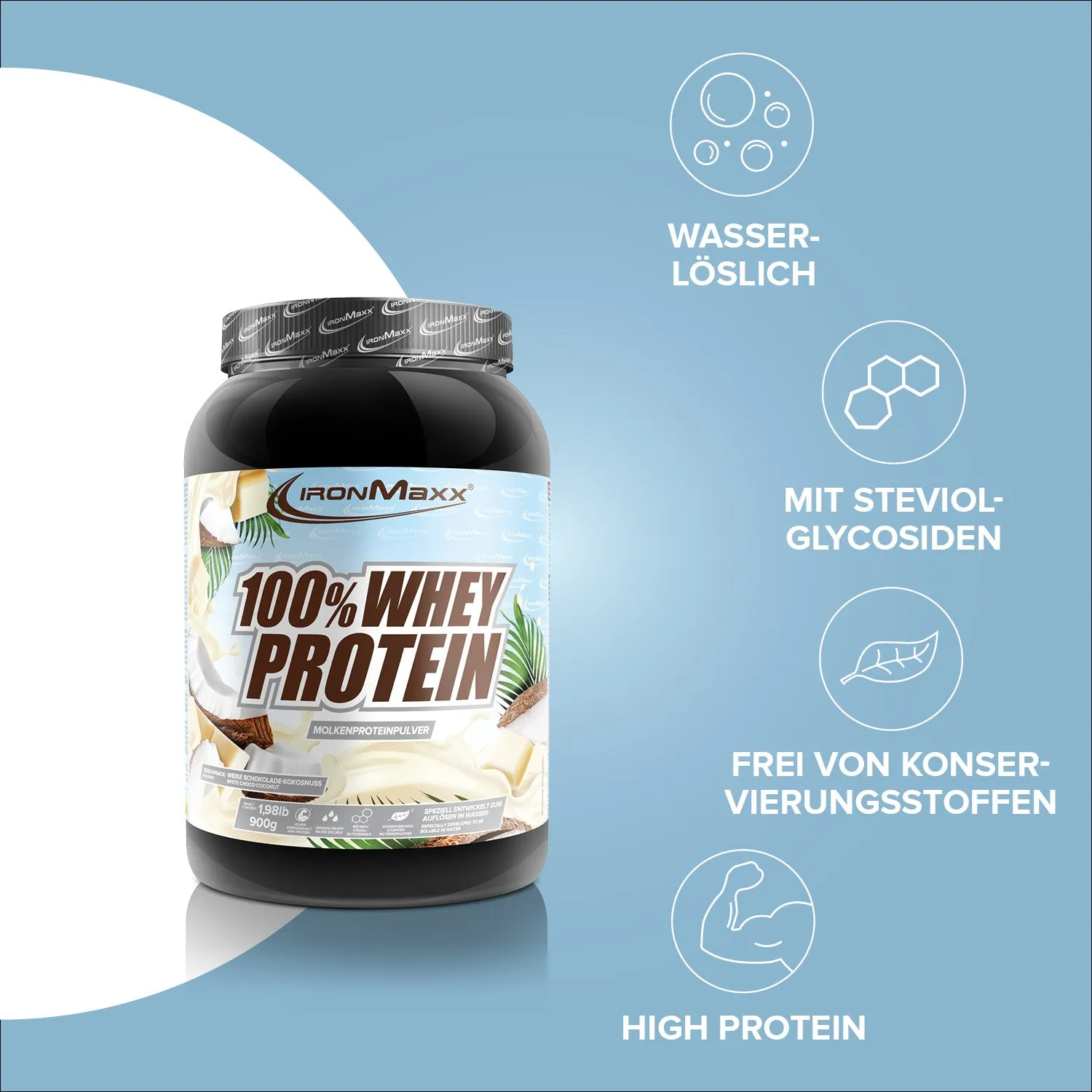 Iron Maxx 100% Whey Protein 900g White Choc Coconut zuckerfrei
