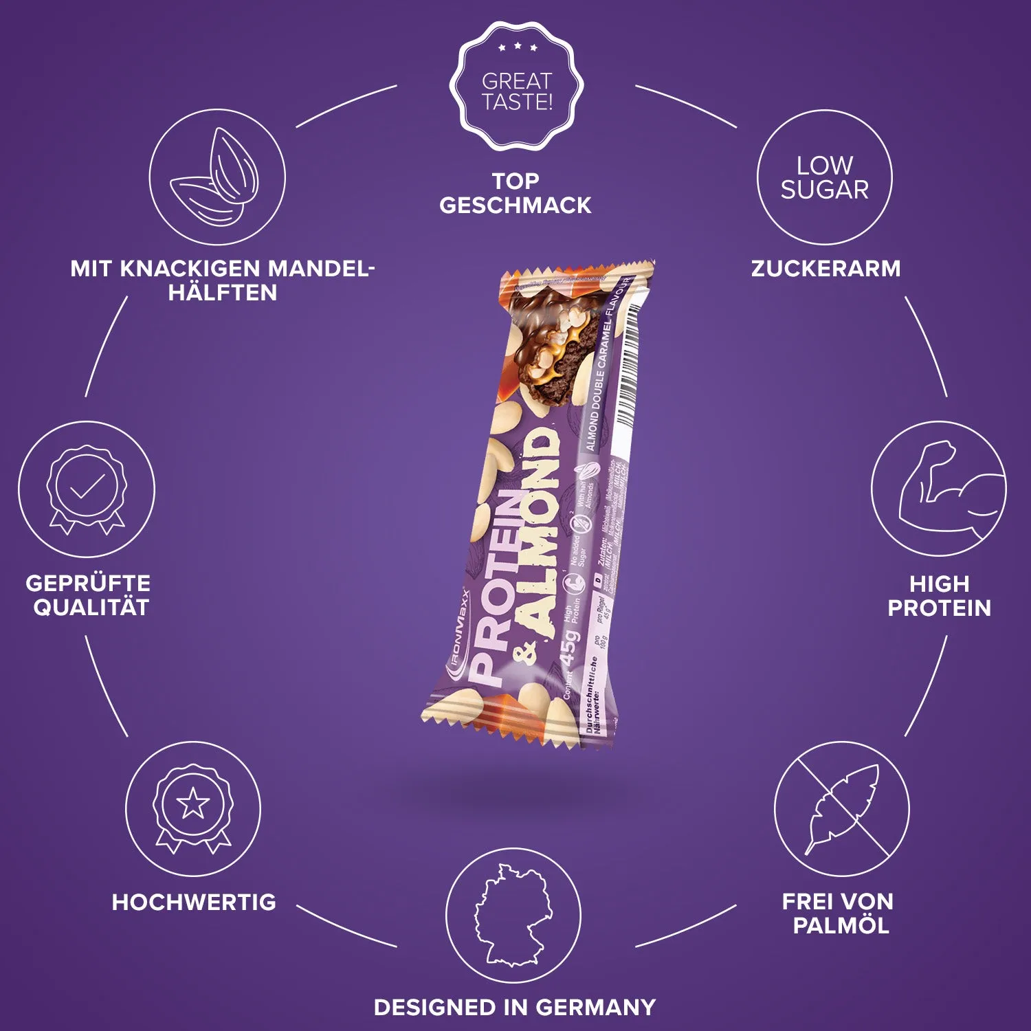 IronMaxx Protein & Almond Almond Double Caramel Proteinriegel 45 g ohne Zuckerzusatz