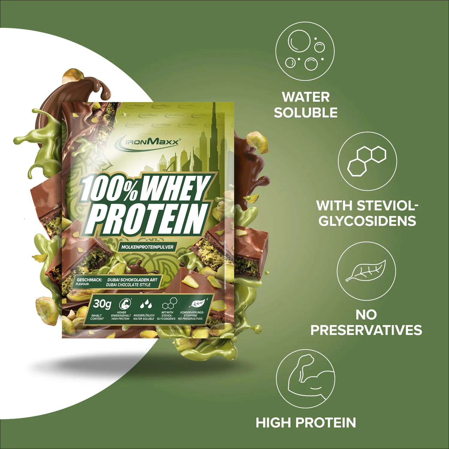 Iron Maxx 100% Whey Protein 30 g Dubai Chocolate Style Pulver