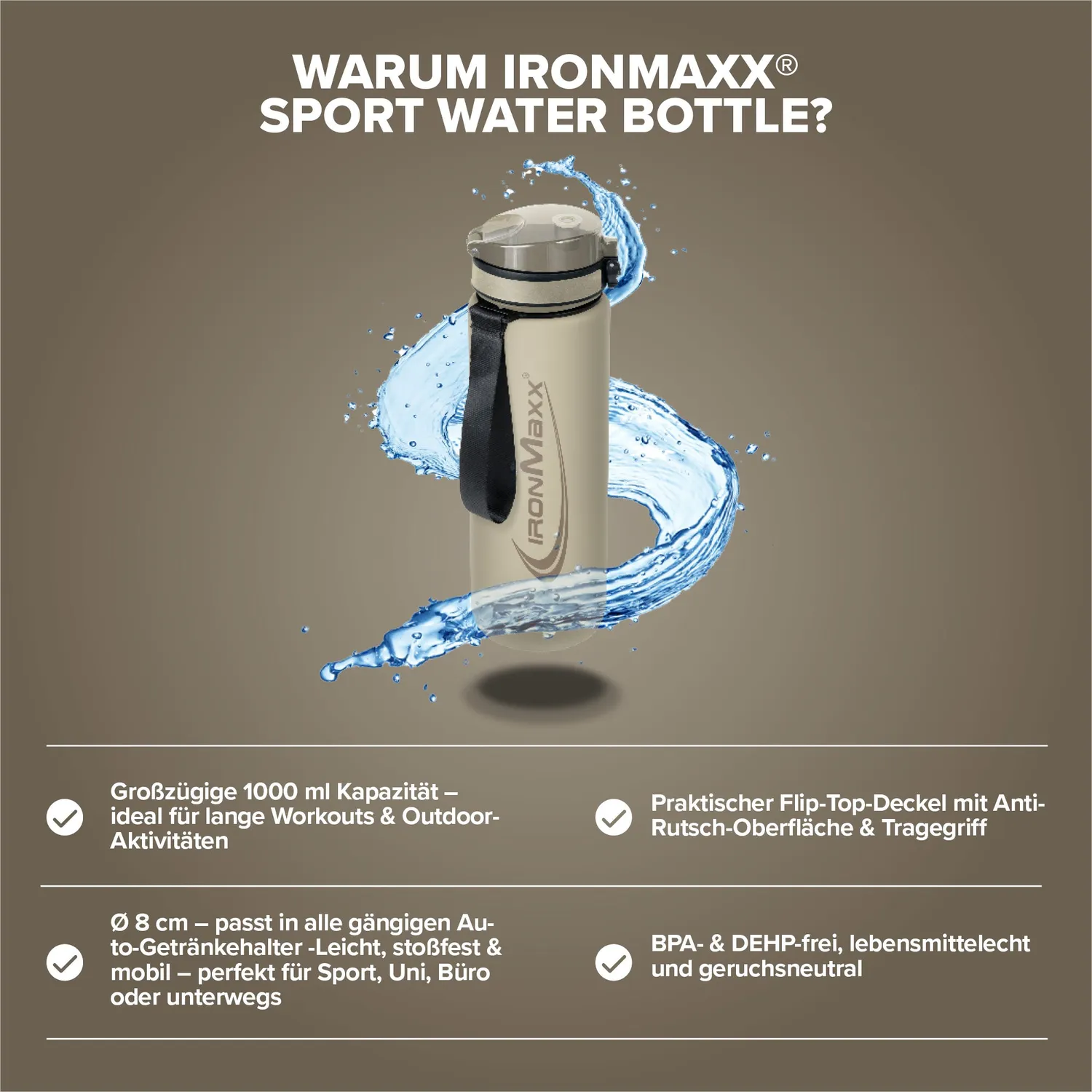 Iron Maxx Sport Water Bottle Trinkflasche 1000ml Sandstone Beige BPA-frei