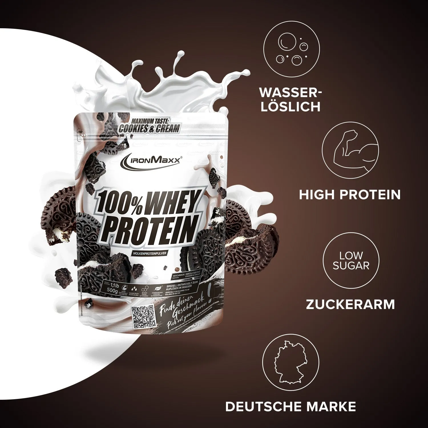 Iron Maxx 100% Whey Protein Proteinpulver 500 g Cookies & Cream zuckerfrei