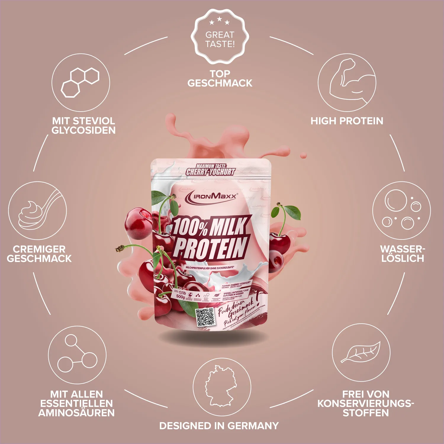 IronMaxx 100% Milk-Protein Proteinpulver 500 g Cherry Yoghurt Casein