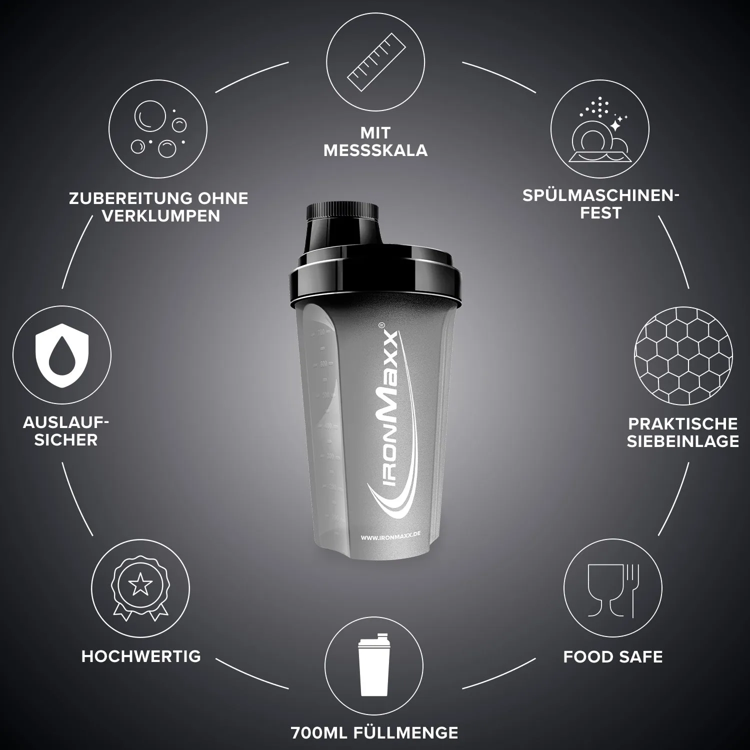 Iron Maxx Shaker 700 ml Schwarz Matt Protein Shaker spülmaschinengeeignet